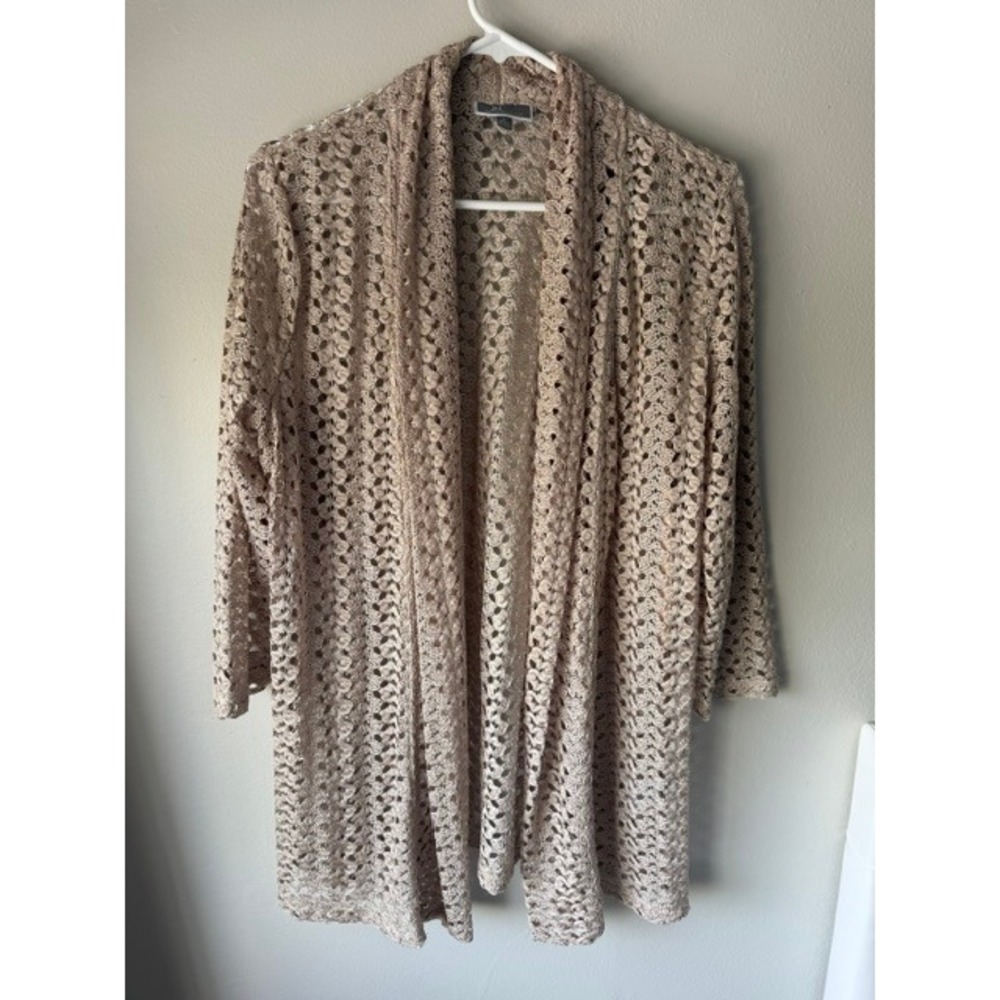JM Collection Womens Crochet Knit Open Front Cardigan Tan Metallic Shimmer L
